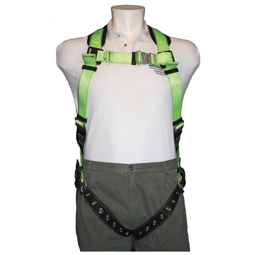 Peakworks Fall Protection Full Body Safety Harness, 5-Point Adjustment with Fall Indicator, Back D-Ring, Grommet Leg Buckles, Hi Vis Green/Black, Universal Fit, V8002200