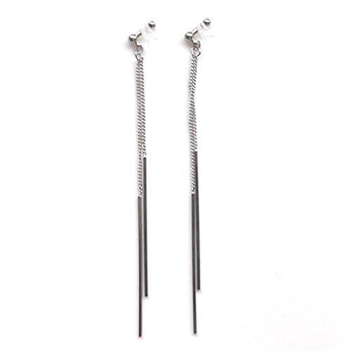 Miyabi Grace Womenâ€™s Simple Long Chain Invisible Clip On Earrings Dangle Bar Gold tone Silver tone (Silver)