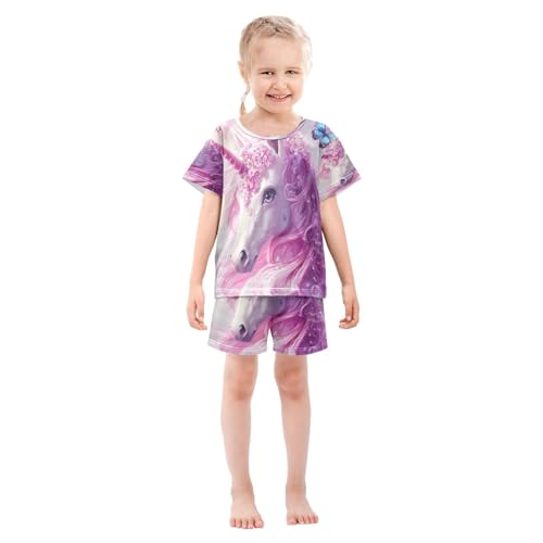 ALAZA Unicorn Butterfly Bubble Pajamas Set Short Sleeve Cotton Sleepwear Summer Pjs 2 Piece 5-14Y3