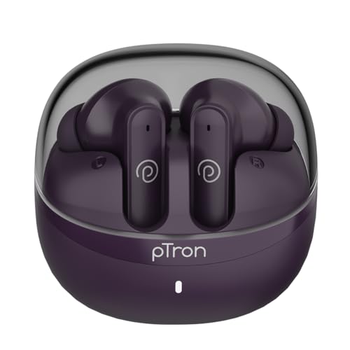 Image of pTron Bassbuds Indie in-Ear TWS Earbuds w / 10mm Drivers, 45Hrs Playtime, Dual HD Mic & AI-ENC Calls, Custom EQ, Mobile App, BTv5.4 Earphones, Voice Assistant, Type C Charging & IPX5 (Plum Perfect)