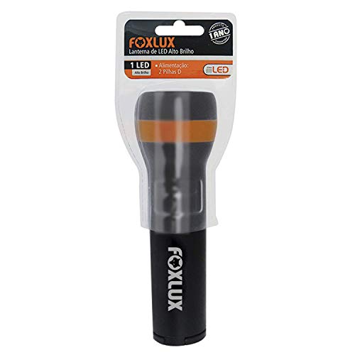 Lanterna de LED Foxlux – Alto Brilho – 1 LED – Luz Branca – Plástico ABS – 2 Pilhas D – Preto/laranj