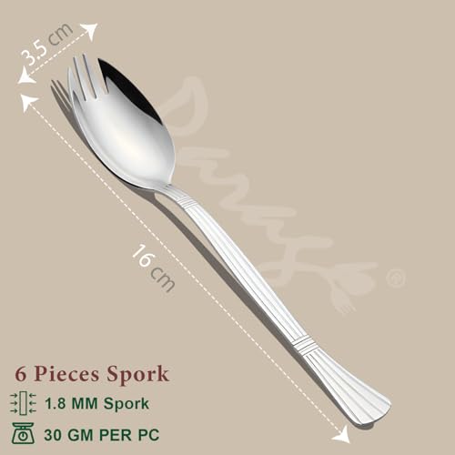 Parage 3-in-1 Stainless Steel 6 Pieces Spoon Fork Set | Spoon Cum Fork Set | Spork for Soups, Noodles| Set of 6| Length: 16 cm| Silver