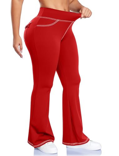 SEASUM Workout Butt Lifting Flare Leggings with Pockets for Women Scrunch Cargo Gym Casual Denim-Look Yoga Pants Red XL - image 3
