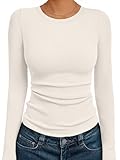 AUTOMET Women's Ribbed Long Sleeve Basic Top - Soft Stretch Crewneck Shirt for Work & Casual Beige M