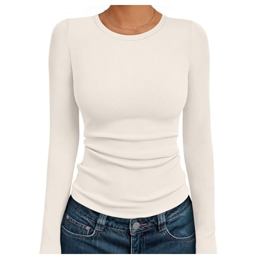 AUTOMET Women's Ribbed Long Sleeve Basic Top - Soft Stretch Crewneck Shirt for Work & Casual Beige XS