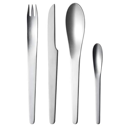 Georg Jensen Bestickset, 4 stycken - 1x middag gaffel, 1x middag sked, 1x Lång Grill Dinner Knife och 1x Tea Spoon, Matte rostfritt stål 18/8 av Arne Jacobsen