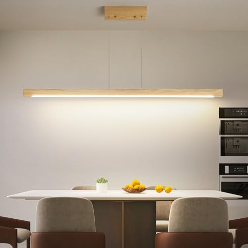 Mikeru Legno Di Frassino Quadrato Luce a Sospensione, 120cm Lampada a Sospensione Minimalista Dimmerabile dal 10% al 100% Luci a Sospensione Regolabili in Altezza 3000k/4000k/6000k per Sala Da Pranzo