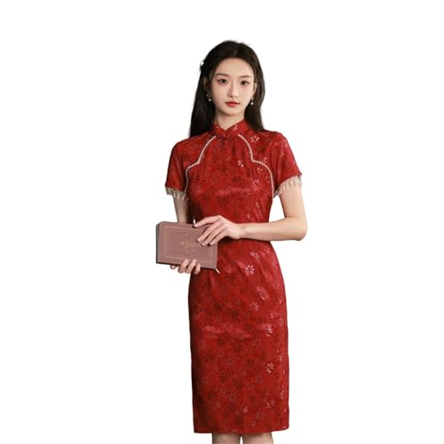 Cheongsam dentelle rouge robe style chinois mariage été qipao femme chic