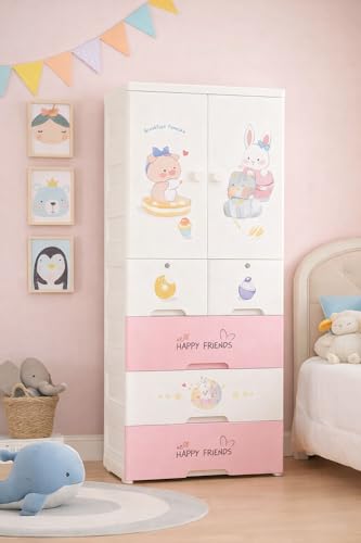 Image of Portable Collapsible Wardrobe for Kids Plastic Storage - Cloth Organizer Cupboard /Multipurpose Storage /Closet for Bedroom /Living Room /Easy to Assemble Room & Home (Pink White)
