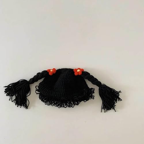 Thereisno Cute Baby Girl Hat Pigtail Braid Wig Cap Crochet Knitted Winter Hat for Children Kids Aged 6-48 Months Bonnet Cap Black4
