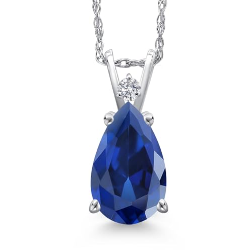Gem Stone King 14K White Gold Blue Created Sapphire and Lab Grown Diamond Pendant Necklace for Women | 3.61 Cttw | Gemstone September Birthstone | Pear Shape 12X8MM | With 18 Inch Chain