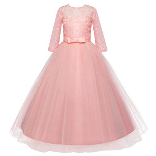 REXREII Flower Girls 3/4 Sleeves Lace Tulle Dresses Jr. Bridesmaid Wedding Party Birthday Pageant Communion Dance Ball Gown3