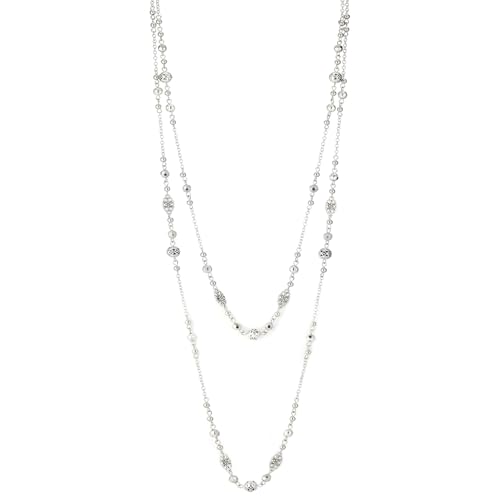 Long Beaded Silver Necklaces for Women Layered Long Statement Necklace with Stone Pearl Beads Double Sweater Chain Costume Jewelry for Women