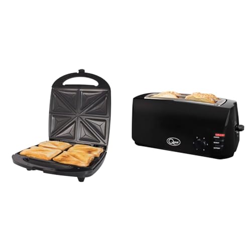 Quest 35990 4 Portion Non-Stick Toastie Maker/Easy to Clean/Student Essentials & 4 Slice Toaster Black - Extra Wide Long Slots for Crumpets and Bagels - 6 Settings