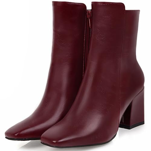 Caradise Womens High Chunky Heeled Boots Zip Up Square Toe Ankle Booties Size 8.5 B(M) US,Burgundy