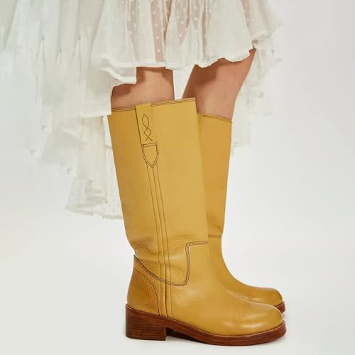 Vintage Knee High Boots for Women Round Toe Mid Calf Boots Pull on Comfortable Casual Chunky Low Heel Long Boots for Winter Fall4