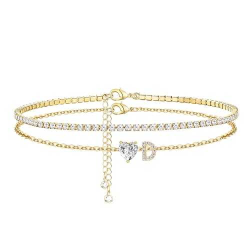 Image of Gold Initial Ankle Bracelets for Women 14K Gold Plated CZ heart Tennis Anklets for Women Waterproof Layered Adjustable Letter Anklets Large Ankle Summer Beach Foot Jewelry