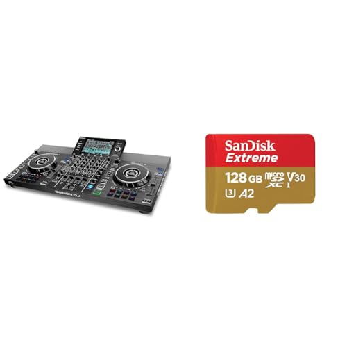 Denon DJ SC LIVE 4 – Controlador DJ autónomo, mezclador 4 canales, streaming de Amazon Music & SanDisk 128GB Extreme tarjeta microSDXC + adaptador SD + RescuePro Deluxe hasta 190 MB/s