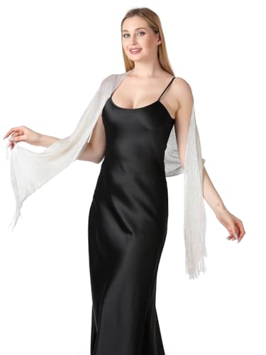 Image of Stoles for Evening Dress with Buckle, Fringes - Polyester Blend, Shimmer Stole Wraps for Weddings, Party | Women's Clothing