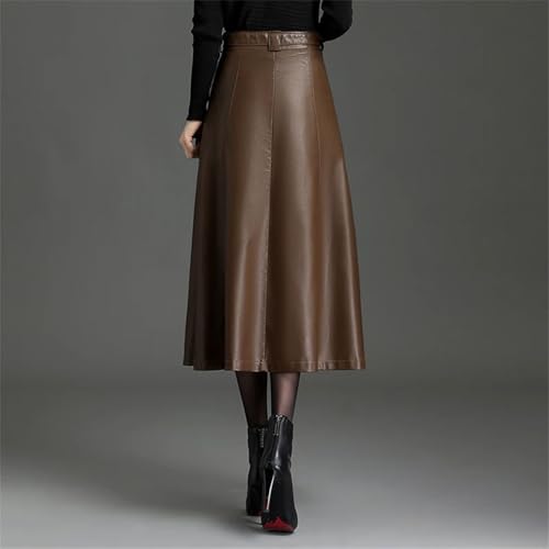 Women Pu Leather Long A-Line Skirt with Belt High Waist Elegant Midi Office Lady Skirt2
