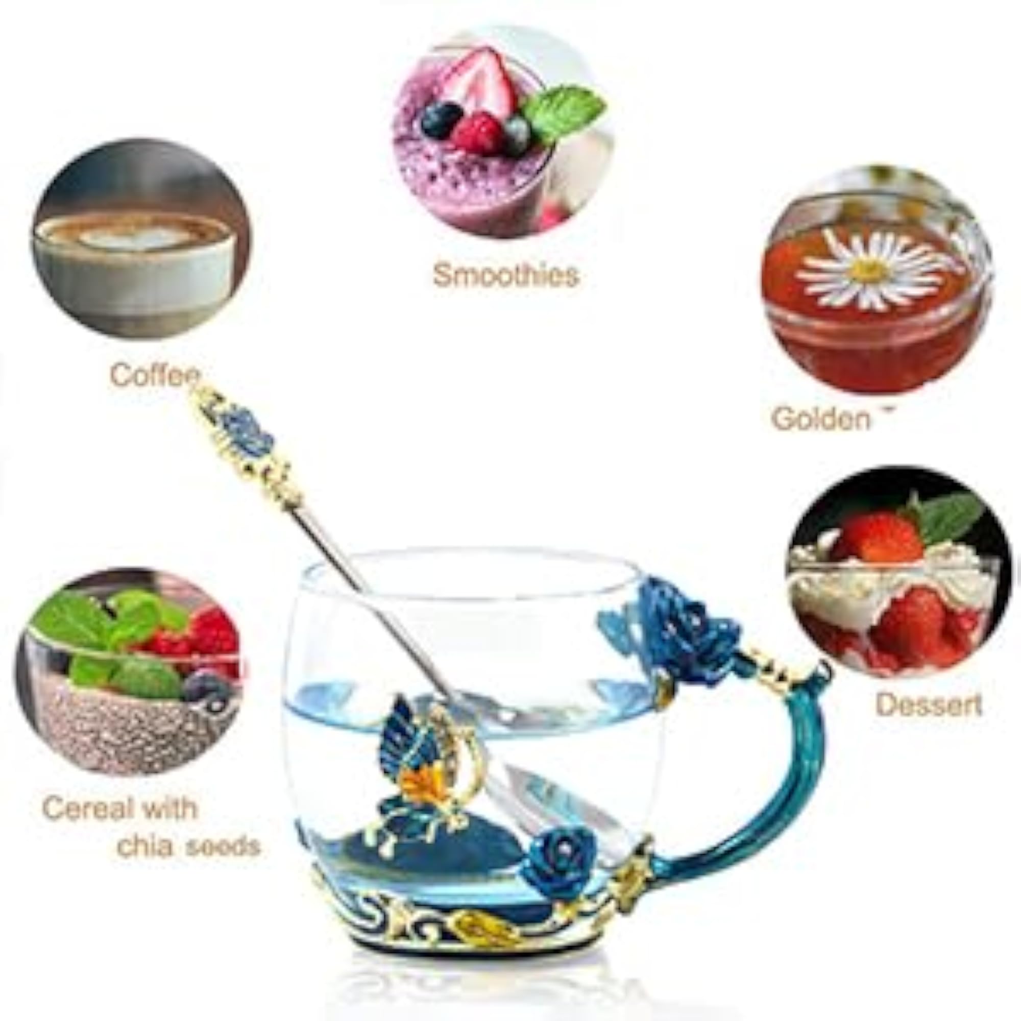 Coffee Cup Tea Mug with Spoon Set Handmade Enamel Butterfly Flower