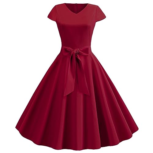Skang Kleider Damen Sommer Große Größen Vintage-Kleid mit V-Ausschnitt und kurzen Ärmeln, einfarbig, Freizeitkleid, Cocktail-Abendkleid Kleider Für Hochzeitsgäste Damen