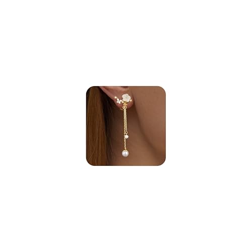 Awinesn Clip on Earrings Dangle Pearl Drop Clip Earrings for Women Trendy Dangle Chain Dainty Flower Wedding Earrings for Brides 14K Gold Plated Statement Non Pierced Earrings for Women Sparkly Jewelry (fugu-flower-g)