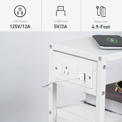 Image of HOOBRO Small Narrow Side Table with Charging Station, Skinny End Table for Small Spaces, Slim Nightstand with USB Ports Outlet, Sofa Beside Table with Storage Shelf, White WT102UBZ01