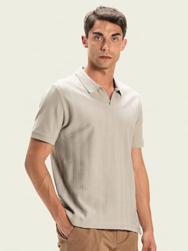Image of DAMENSCH Men Rich Pique, Statement Textured, Body-Cooling All Degree, Premium Cotton, Herringbone Texture Johnny Collar Polo T-Shirt