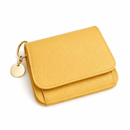 IDIDG Small Wallet for Women RFID Blocking Genuine Leather Slim Keychain Wallet Tri-Fold Card Case with Coin Pocket (Yellow)