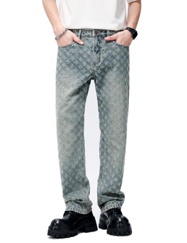 Men Streetwear Jacquard Weave Ripped Distressed Denim Jeans