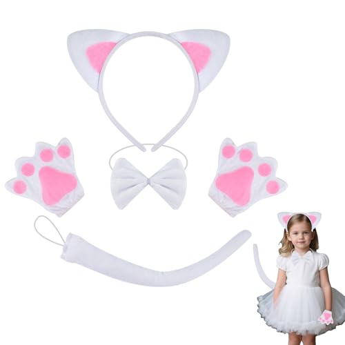 VYNZOR Set de 4 accesorios para el cabello para cosplay: diadema con orejas de gato, pajarita, cola y guantes de peluche con forma de pata, ideal para disfraces de gato en Halloween.