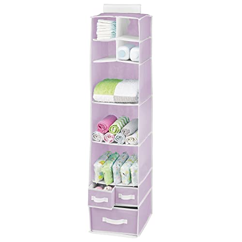 Image of mDesign Fabric Over Closet Rod Hanging Storage Organizer with 7 Open Cube Shelves and 3 Removable Drawers for Bedroom, Nursery, Closet - Holds Clothes, Diapers - Jane Collection - Light Purple/White