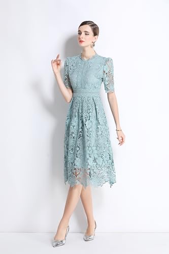 Image of LAI MENG FIVE CATS Women's Lace Floral Short Sleeve Crochet Waist Cocktail Midi Dress