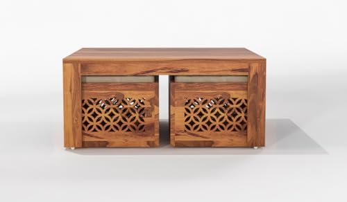 Image of Sheeshsam Wooden Coffee Table with 4 Stools for Living Room - Solid Wood Coffee Table with Cushion Seating Stools Tea Table Teapoy Center Piece for Home Sofa Center Table (Kaine Honey)