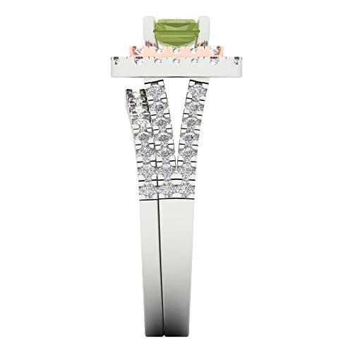 3.05ct Emerald Cut Natural Peridot 14k White/Rose Gold Halo Solitaire with Accents Wedding Bridal Promise Ring Band Set3