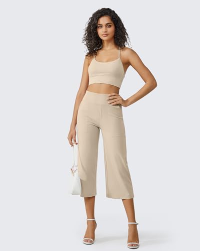 Image of G4Free Capri Pants for Women Wide Leg Yoga Dress Cropped Pants Capri Leggings with Pockets for Casual Summer