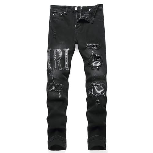 Jeans da Uomo Elasticizzati Strappati Tinta Unita Pantaloni Strappati Pantaloni Stretti per Il Tempo Libero,Nero,32