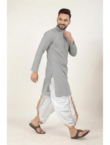 Image of UNIQUE MOMENTS Men's Cotton Dhoti Kurta Set with Full Sleeves Solid Pattern Modern Style and Mandarin Collar Neck | Perfect for Puja & Celebrations