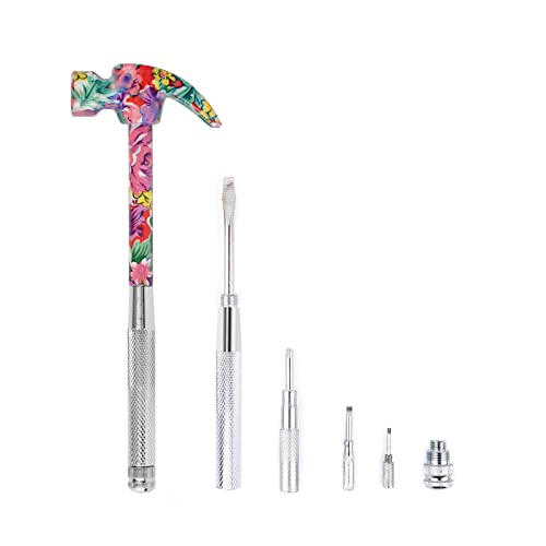 6 en 1 Marteau et tournevis Outil Multitool Set Claw Hammer avec poignée antidérapante Tête fendue/plate Phillips Screwdriver Nail Puller Meilleur cadeau pour les amis de la famille (Rose)