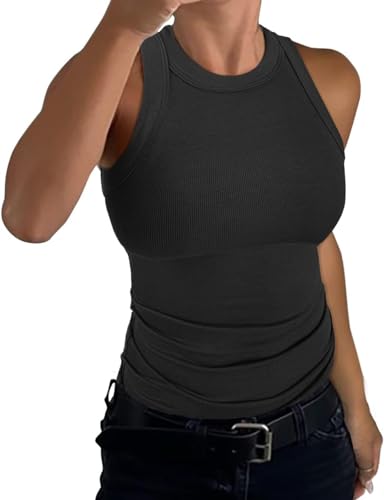 ELFIN Damen Ärmellos Racerback High Neck Tank Top Rundhals Gerippt Slim Fit Basic Shirt Sexy Obertiele Sommer Weste Ribbed Tops (M, Schwarz)