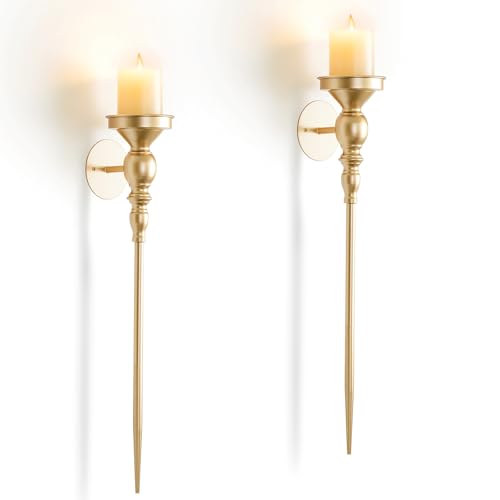 Walasis Candle Sconces Gold Wall Decor: 24.4 Inch Long Wall Candle Holder for Pillar Candles - Metal Art Decoration Candle Sconces Set of 2 for Fireplace Hallway Beside TV by Walasis - Used condition - US$23.72