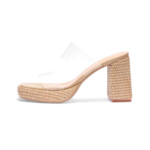 Monrovia Clear Sandals for Women Heeled Sandals - Slip On Square Open Toe Chunky Platform Heel Double Strap Vacation Summer Beach Shoes 8