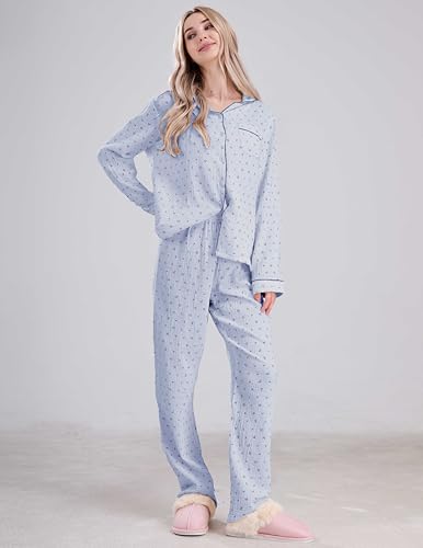 Womens Cotton Gauze Pajama Set Long Sleeve Button Up Shirt and Pants 2 Piece Cute Printed Pj Set4