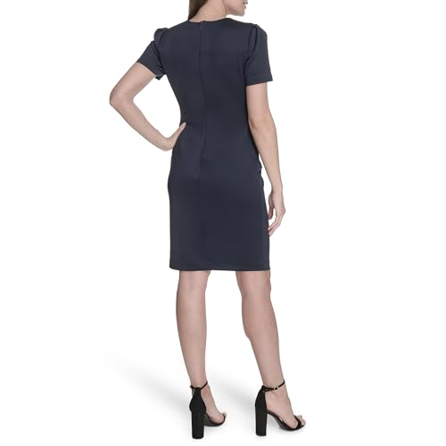 Image of Tommy Hilfiger Women's Short Sleeve Jewel Neck Colorblock Studded Asymmetrical Hem Crepe Mini Dress