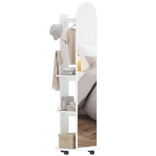 Image of HOMCOM 2-in-1 Full Length Mirror with Storage Shelves, Floor Mirror with 4 Universal Wheels, Coat Rack, 4 Hooks, Space-Saving Freestanding Organiser for Bedroom, Living Room, White