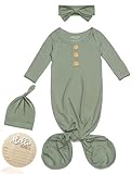 Newborn Baby Coming Home Outfit Set - Soft Modal Knotted Gown with Hat, Hello World Sign & Headband, Hospital Newborn Photography Outfits Easy Diaper Change Baby Gowns ArmyGreen