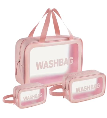 HealthyMoov Set di 3 borse da bagno per cosmetici, cosmetici, profumi, vanity, borsa da viaggio, accessorio di bellezza, deposito bagno, trasparente, rosa, 3 pezzi, impermeabile, Rosa, astuccio