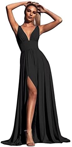 V Neck Satin Bridesmaid Dresses for Wedding Split Prom Dresses Long A Line Formal Dresses for Women Black US 6