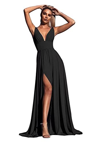V Neck Satin Bridesmaid Dresses For Wedding Split Prom Dresses Long A Line Formal Dresses For Women Black Us 6 #TOP26
